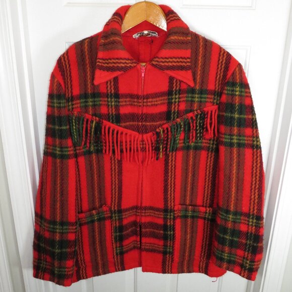 Vtg Lapp Lander 100% Wool Norway Fringe Blanket Full Zip Jacket 70s Red Plaid L - Picture 1 of 5